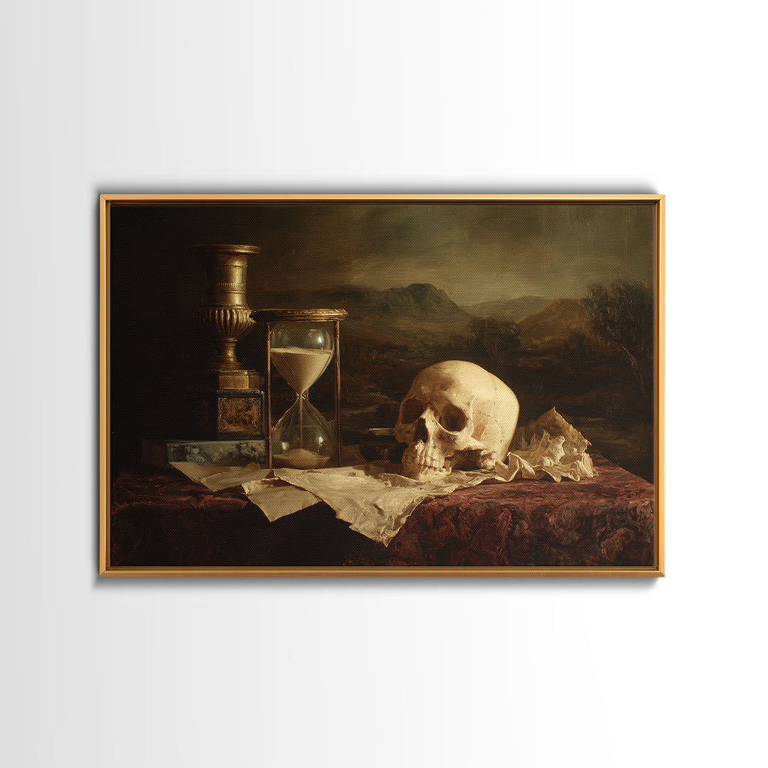 Skull and Hourglass Vanitas Still Life Canvas Print, Baroque Art, Printable Wall Art, Living Room Decor, Fine Art, Ornate, BAO-3x2-57