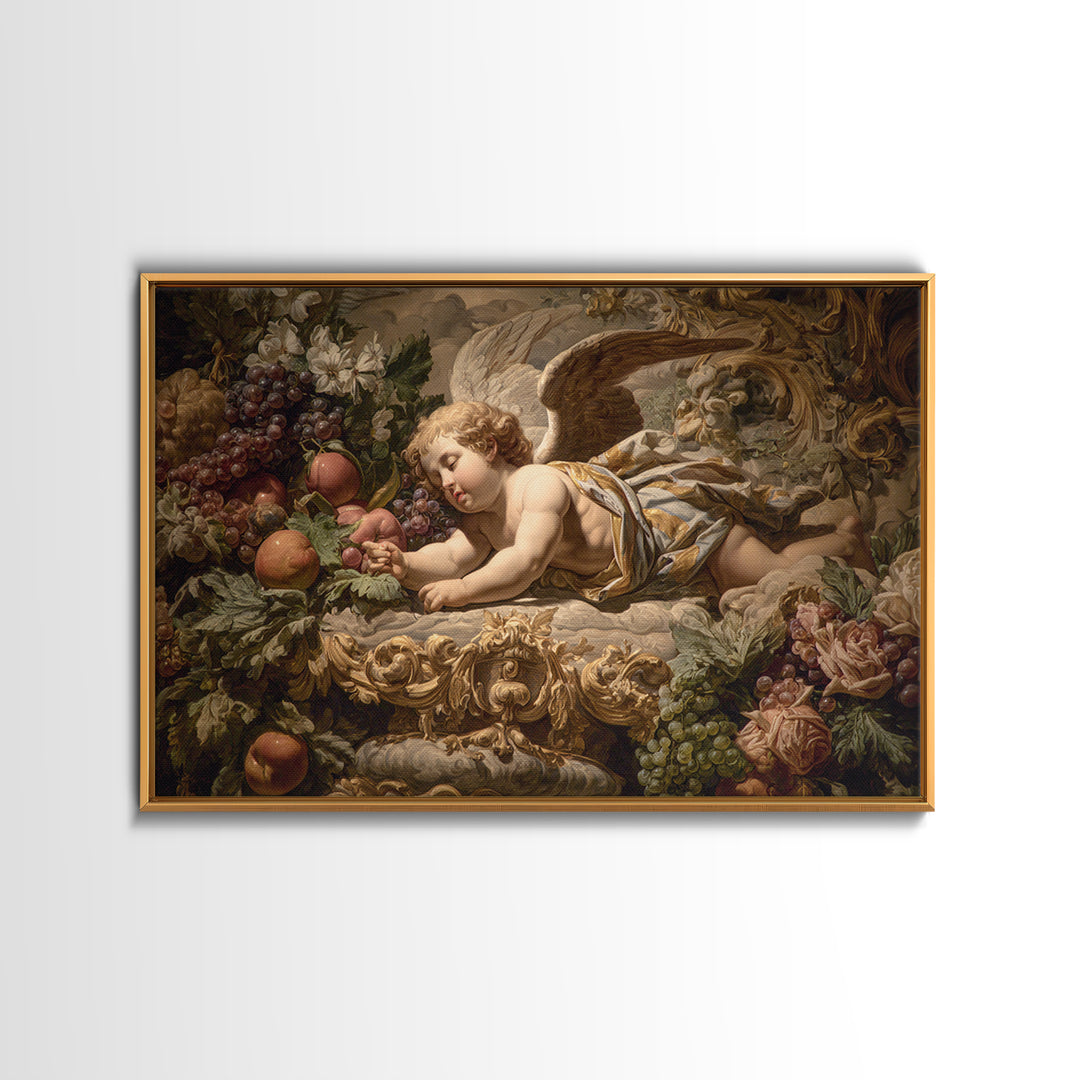 Ornate Cherub Figure Surrounded by Clouds and Framed Canvas Print, Baroque Art, Contemporary Art, Living Room Decor, Ornate, BAO-3x2-6