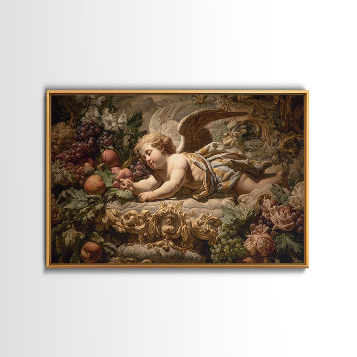 Ornate Cherub Figure Surrounded by Clouds and Framed Canvas Print, Baroque Art, Contemporary Art, Living Room Decor, Ornate, BAO-3x2-6