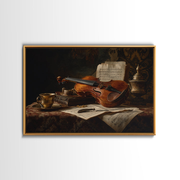 Baroque Violin and Sheet Music Still Life Framed Canvas Print, Baroque Art, Neutral Decor, Living Room Decor, Fine Art, Ornate, BAO-3x2-63
