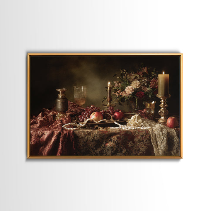 Velvet Drapery with Pearls Flowers and Candlelight Canvas Print, Baroque Art, Maximalist Wall Art, Living Room Decor, Ornate, BAO-3x2-7