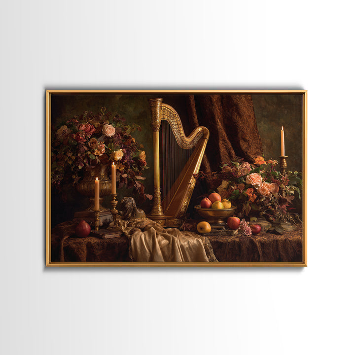 Golden Harp and Roses Framed Canvas Print, Baroque Art, Painting, Living Room Decor, Fine Art, Ornate, Living Room Wall Art, BAO-3x2-70
