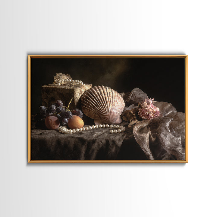 Ornamental Shell and Pearl Composition Framed Canvas Print, Baroque Art, Decor, Living Room Decor, Oil Painting, Ornate, BAO-3x2-74