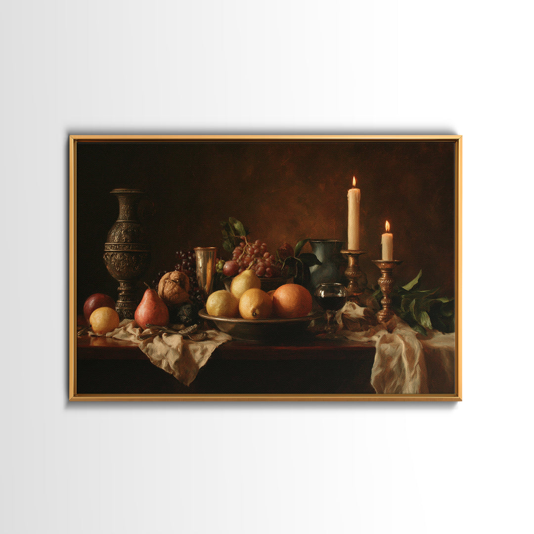 Dramatic Fruit Still Life Framed Canvas Print, Baroque Art, Living Room Wall Art, Living Room Decor, Fine Art, Ornate, BAO-3x2-77