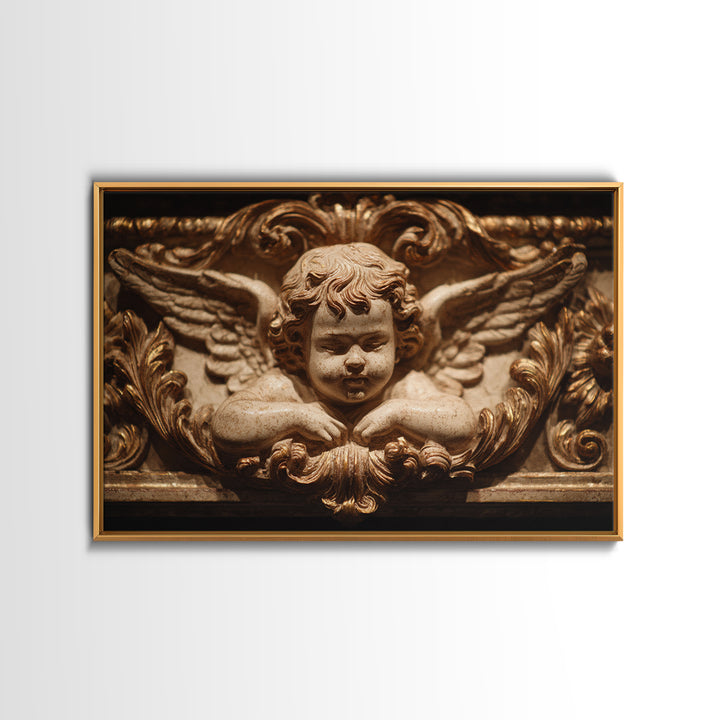 Ornate Cherub Figure Surrounded by Clouds and Framed Canvas Print, Baroque Art, Whimsical Decor, Living Room Decor, Ornate, BAO-3x2-78