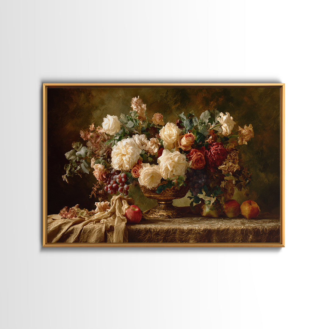 Dark Floral Arrangement Framed Canvas Print, Baroque Art, Living Room Wall Art, Living Room Decor, Ornate, Art Nouveau Decor, BAO-3x2-80