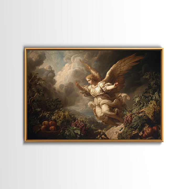 Gilded Angel Wings Emerging from Storm Clouds Framed Canvas Print, Baroque Art, 3d Wall Art, Living Room Decor, Oil Painting, BAO-3x2-82