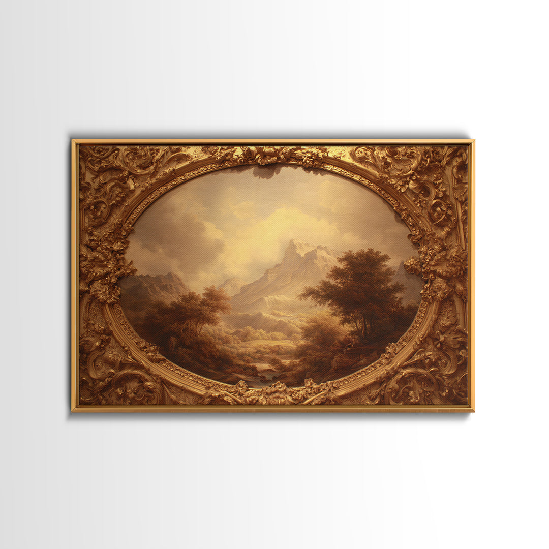 Ornate Gold Frame Illusion Around a Botanical Framed Canvas Print, Baroque Art, 3d Wall Art, Living Room Decor, Ornate, BAO-3x2-85