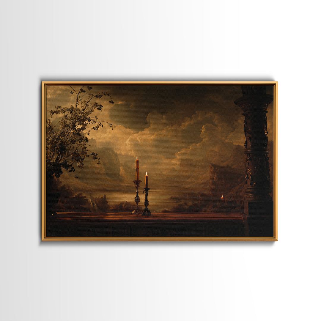 Theatrical Stormy Landscape Framed Canvas Print, Baroque Art, Oil Painting, Living Room Decor, Ornate, Eclectic Wall Art, BAO-3x2-86
