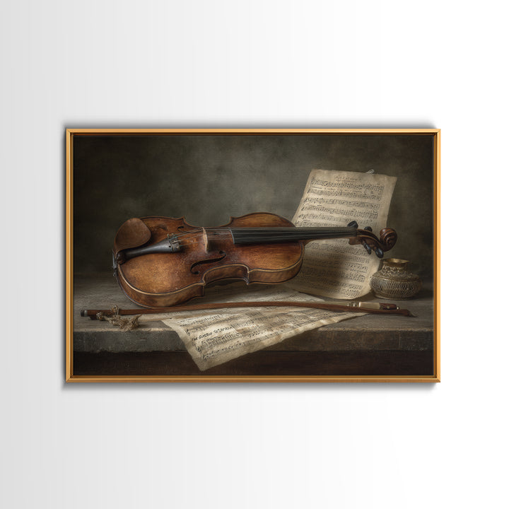 Baroque Violin and Sheet Music Still Life Framed Canvas Print, Baroque Art, Whimsical Decor, Living Room Decor, Ornate, BAO-3x2-87