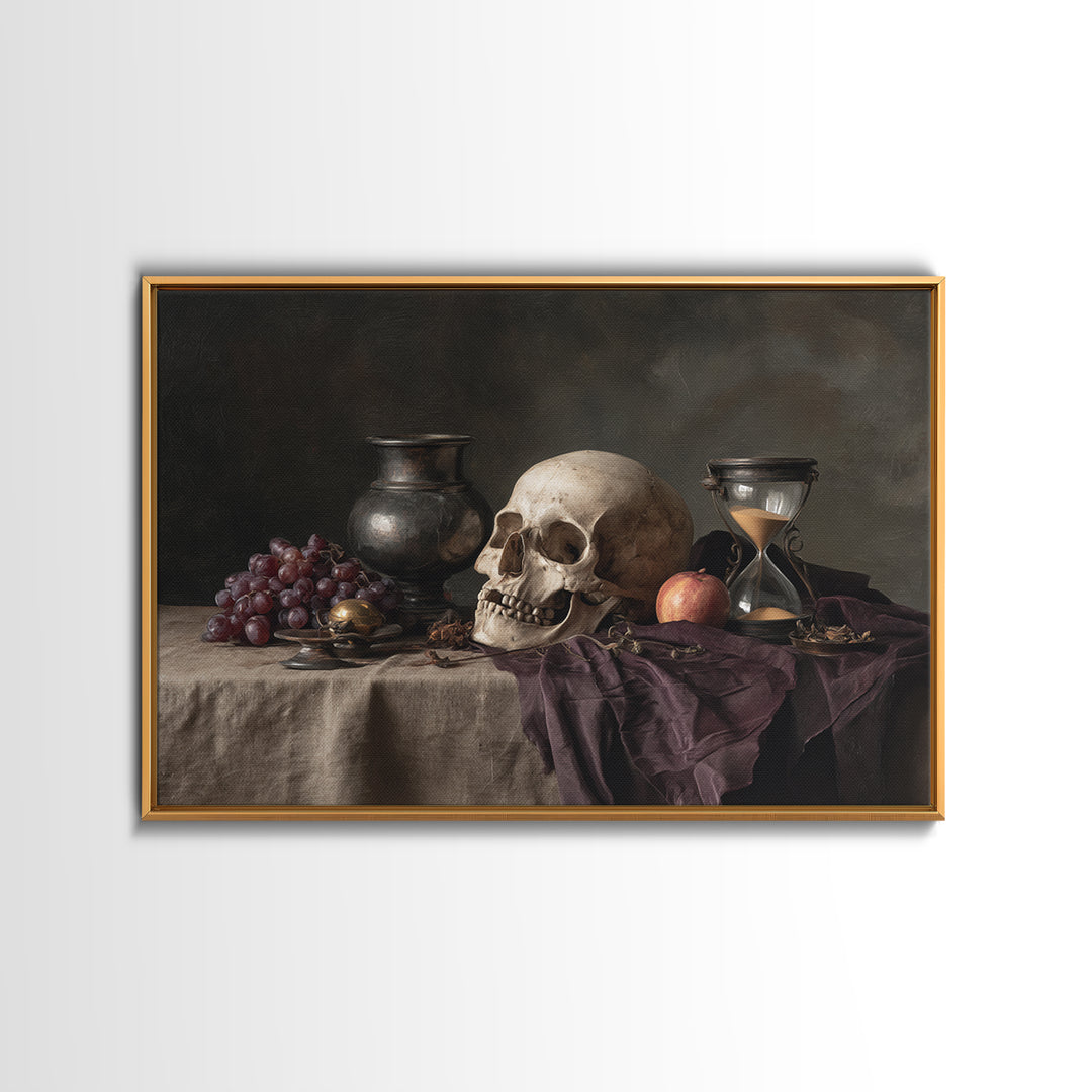 Skull and Hourglass Vanitas Still Life Framed Canvas Print, Baroque Art, Contemporary Art, Living Room Decor, Fine Art, Ornate, BAO-3x2-9