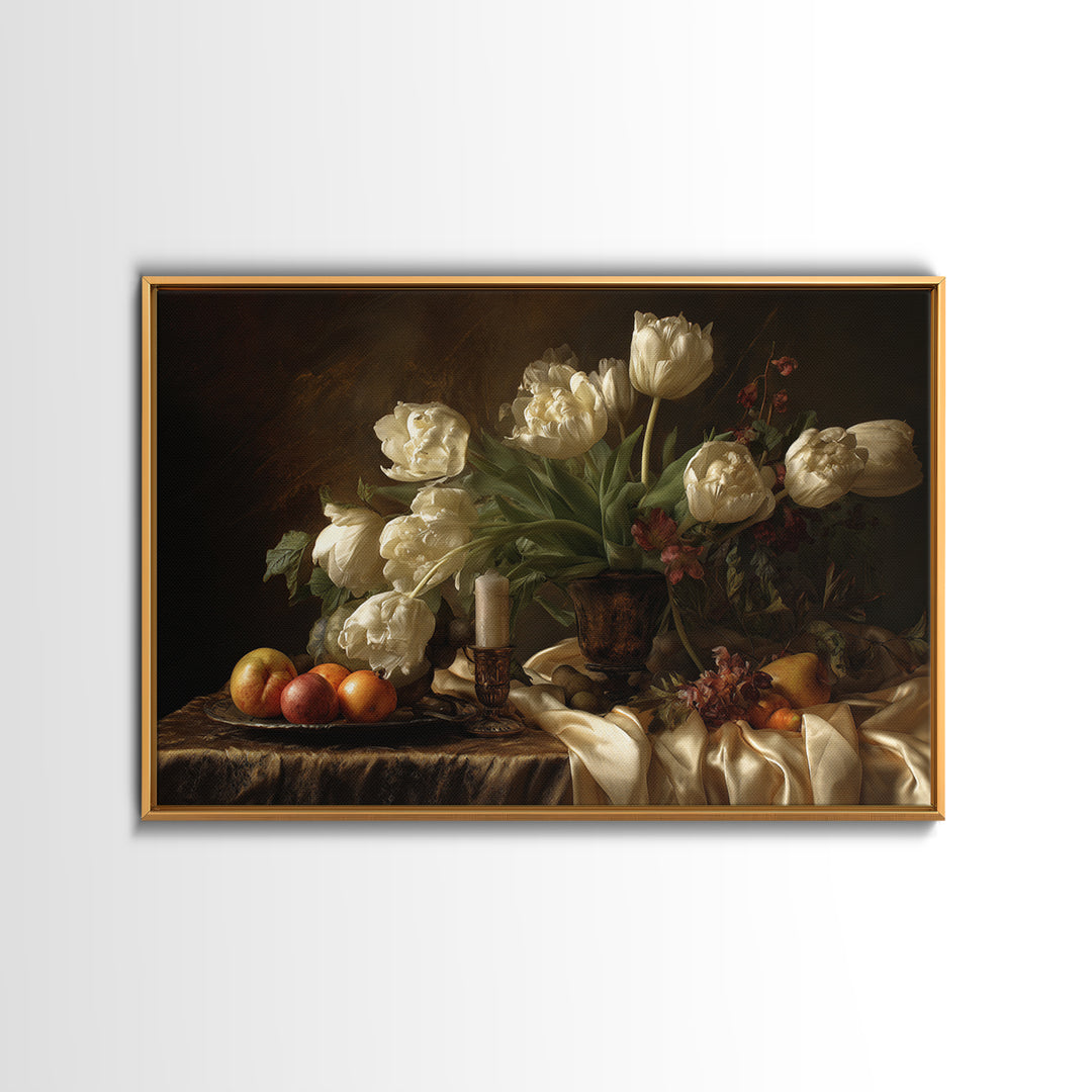 Black Background Tulips Framed Canvas Print, Baroque Art, Room Decor Aesthetic, Living Room Decor, Fine Art, Ornate, Home Decor, BAO-3x2-92