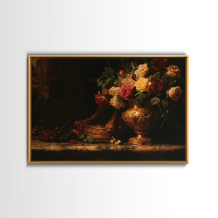 Golden Harp and Roses Canvas Print, Baroque Art, Printable Art, Living Room Decor, Abstract Art, Ornate, Gallery Wall, BAO-3x2-94