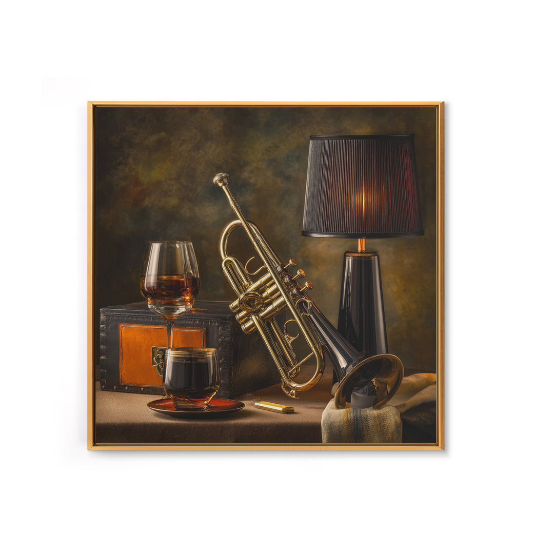 Moody Jazz Trumpet Beside a Half Full Canvas Print, Bar Art, Bar Signs, Bar Decor, Fine Art, Modern Decor, Fine Art Print, BAR-1x1-18