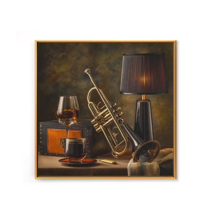 Moody Jazz Trumpet Beside a Half Full Canvas Print, Bar Art, Bar Signs, Bar Decor, Fine Art, Modern Decor, Fine Art Print, BAR-1x1-18