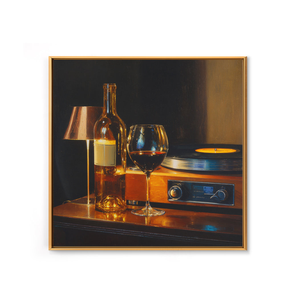 Wine and Record Player Lounge Still Life Framed Canvas Print, Bar Art, Boho Decor, Bar Decor, Oil Painting, Art Print, BAR-1x1-37