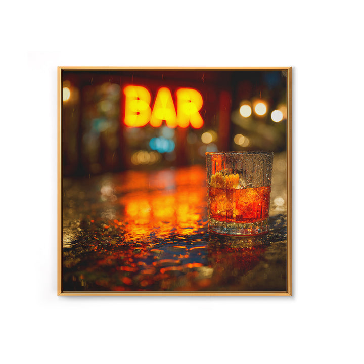Neon Cocktail Sign Reflected Framed Canvas Print, Bar Art, Textured Painting, Bar Decor, Fine Art, Bar Cart, BAR-1x1-53