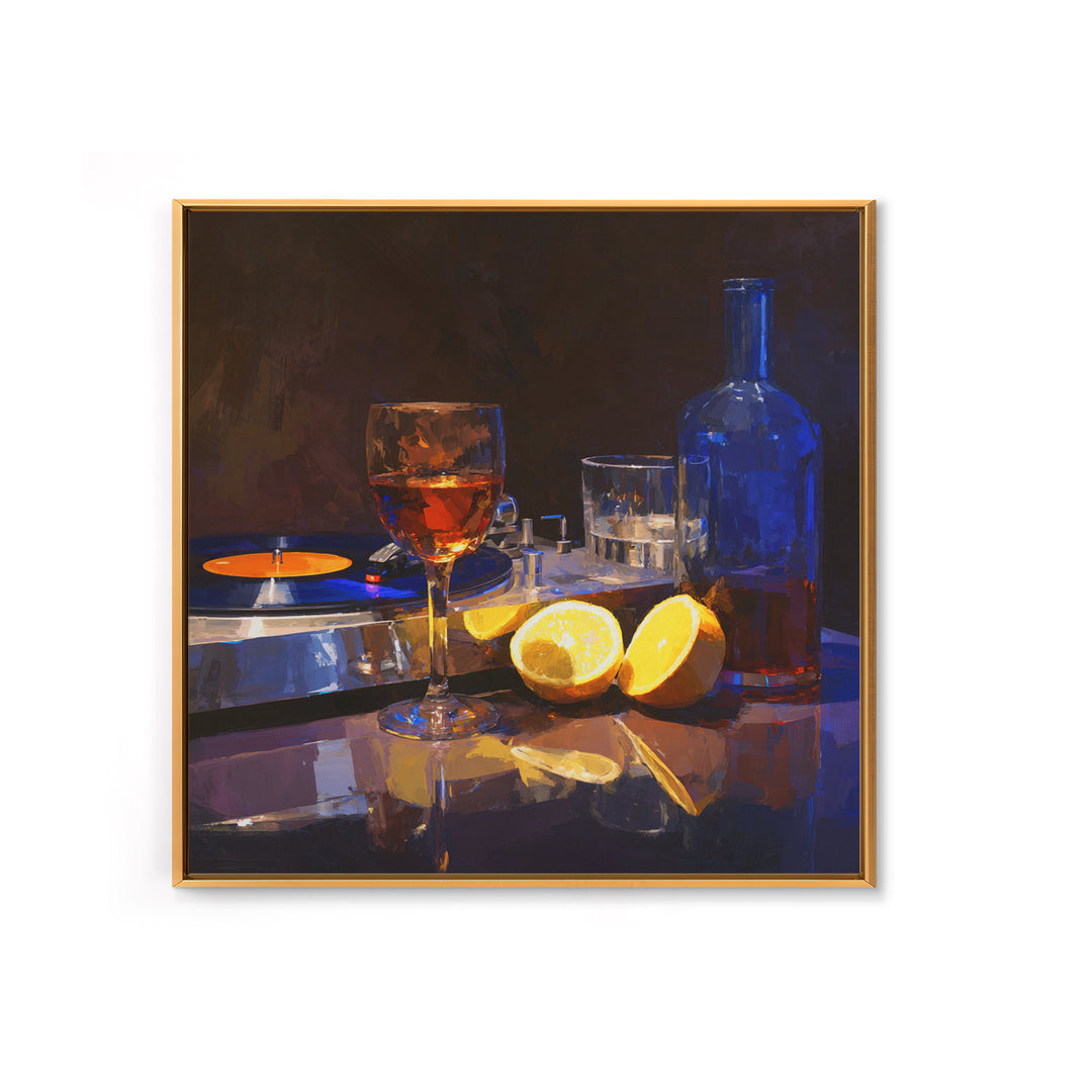 Wine and Record Player Lounge Still Life Framed Canvas Print, Bar Art, Boho Decor, Bar Decor, Oil Painting, Art Print, BAR-1x1-61