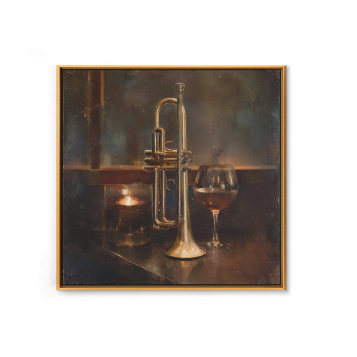 Moody Jazz Trumpet Beside a Half Full Framed Canvas Print, Bar Art, Coffee Bar, Bar Decor, Abstract Art, Room Decor, BAR-1x1-66