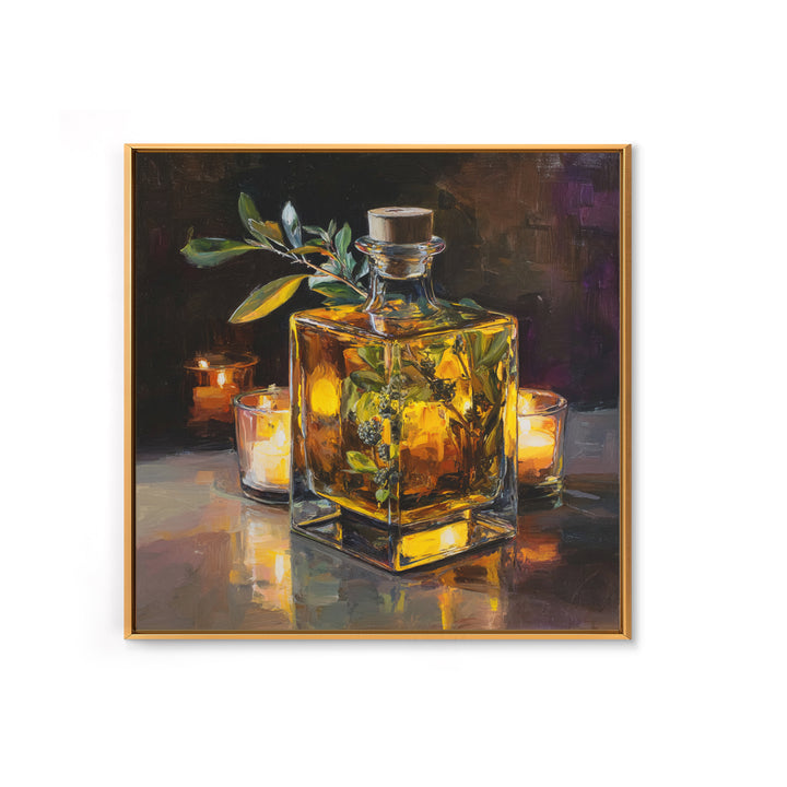 Gin Bottle with Botanicals and Juniper Branches Framed Canvas Print, Bar Art, Bar, Bar Decor, Oil Painting, Living Room Art, BAR-1x1-7