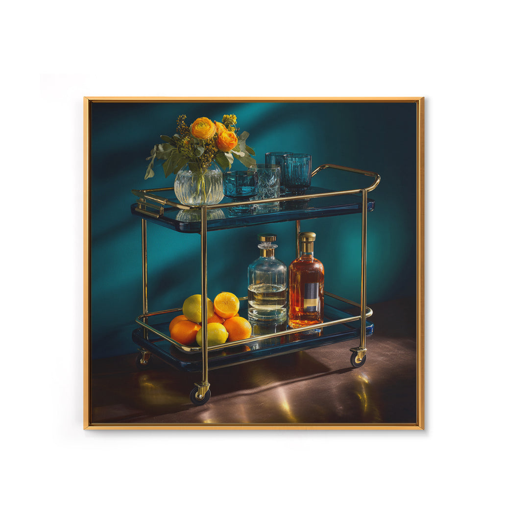Luxury Emerald Bar Cart Arrangement Framed Canvas Print, Bar Art, Cocktail Wall Art, Bar Decor, Fine Art, Textured Painting, BAR-1x1-70