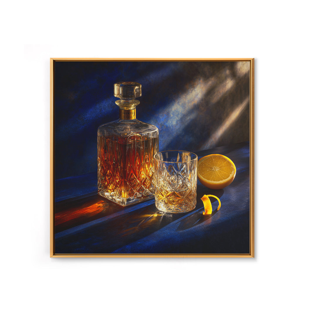 Whiskey Bottle and Cut Crystal Glass Framed Canvas Print, Bar Art, Fine Art Print, Bar Decor, Fine Art, Metal Wall Art, BAR-1x1-74