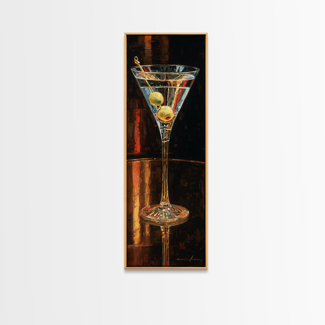 Martini Glass with Olive on a Black Canvas Print, Bar Art, Bar Cart Decor, Bar Decor, Oil Painting, Minimalist Decor, BAR-1x3-63