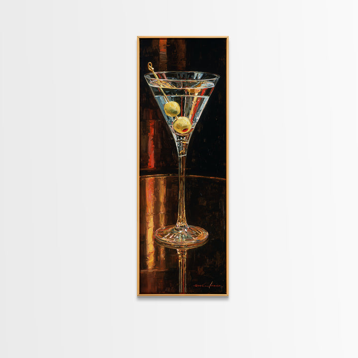Martini Glass with Olive on a Black Canvas Print, Bar Art, Bar Cart Decor, Bar Decor, Oil Painting, Minimalist Decor, BAR-1x3-63