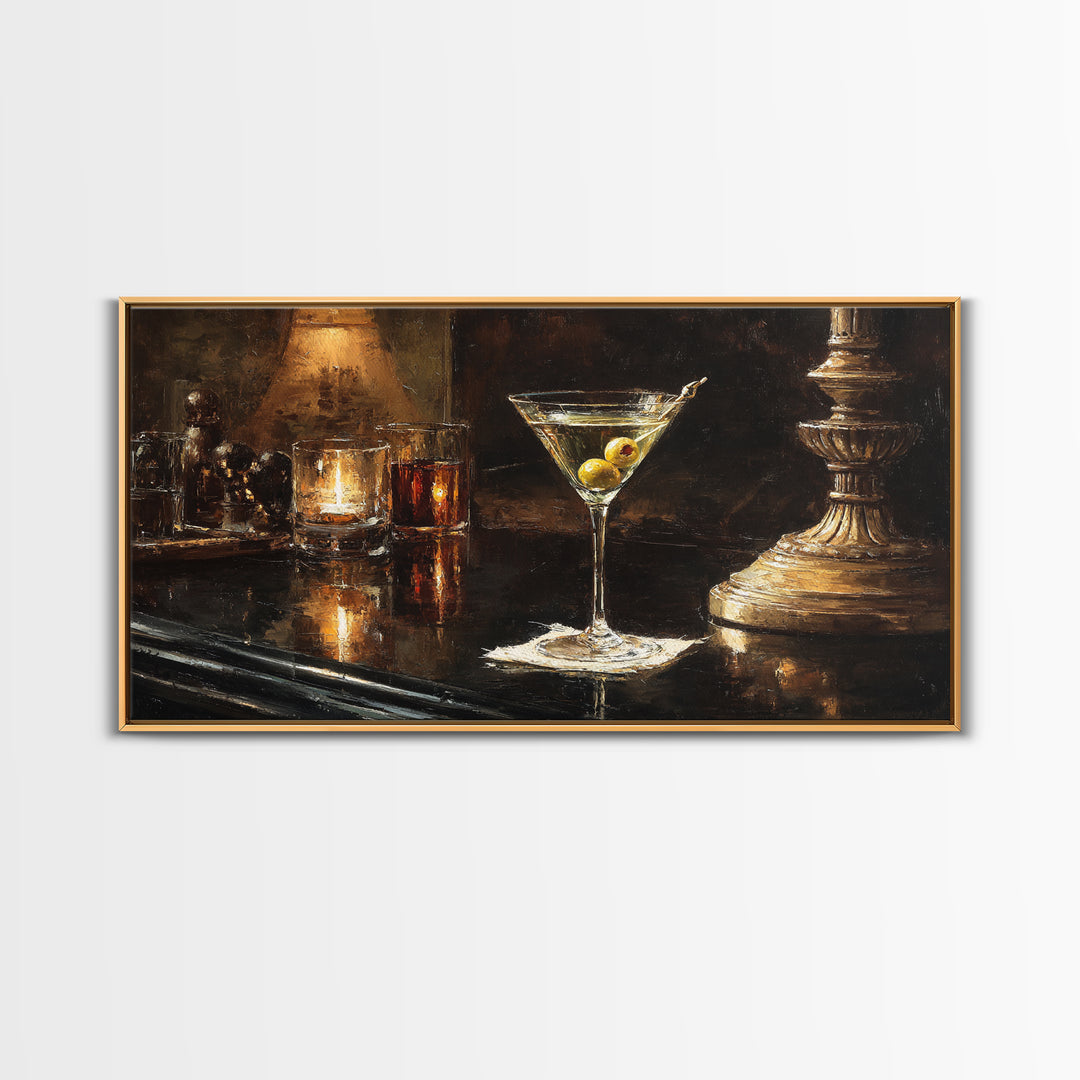 Martini Glass with Olive on a Black Framed Canvas Print, Bar Art, Bar Cart, Bar Decor, Watercolor Art, Kitchen Print, BAR-2x1-23