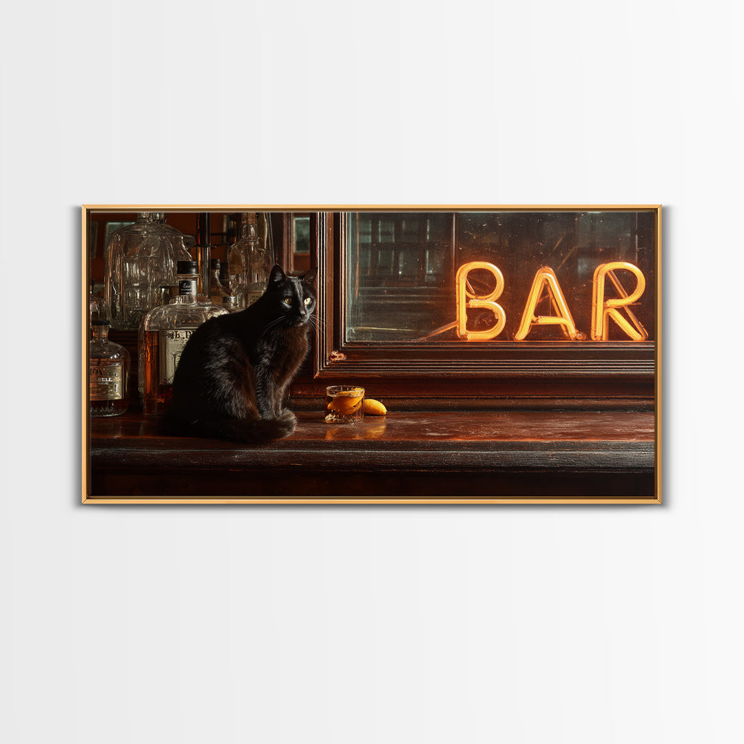 Black Cat Beside a Glowing Bar Neon Framed Canvas Print, Bar Art, Contemporary Art, Bar Decor, Fine Art, Apartment Decor, BAR-2x1-34