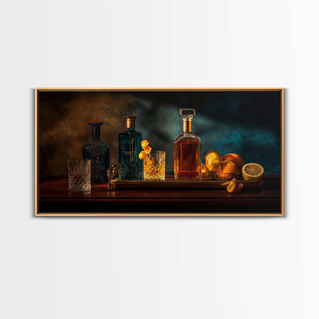 Luxury Emerald Bar Cart Arrangement Framed Canvas Print, Bar Art, Room Decor, Bar Decor, Fine Art, Kitchen Decor, BAR-2x1-42