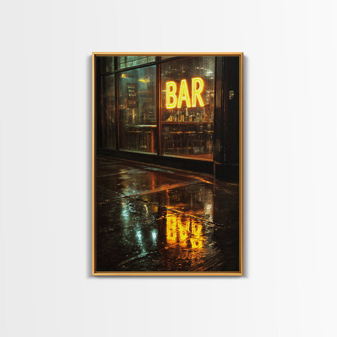 Neon Cocktail Sign Reflected Framed Canvas Print, Bar Art, Digital Print, Bar Decor, Fine Art, Coffee Wall Art, BAR-2x3-13