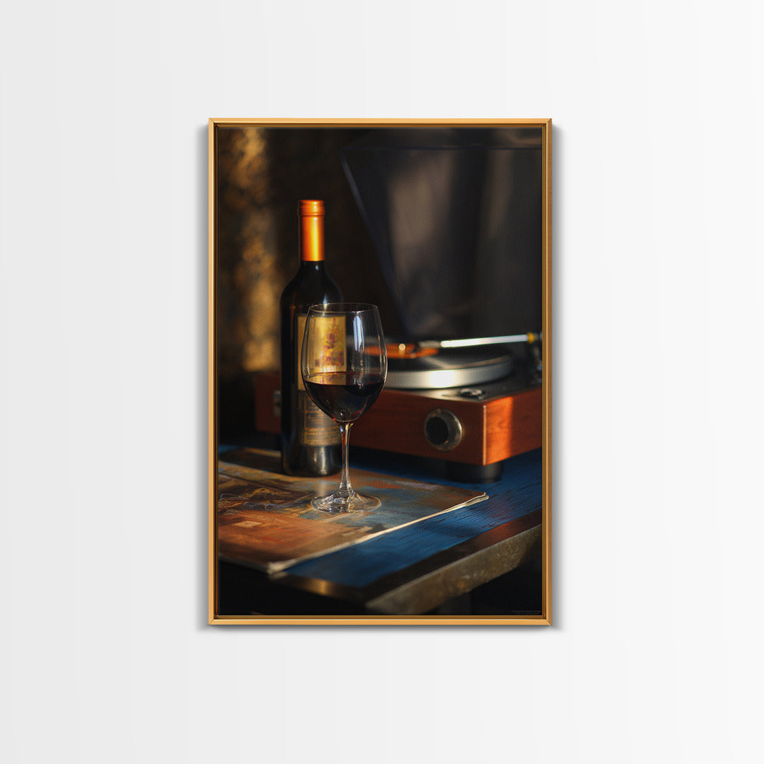 Wine and Record Player Lounge Still Life Framed Canvas Print, Bar Art, Canvas Wall Art, Bar Decor, Oil Painting, BAR-2x3-21
