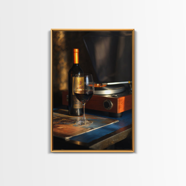 Wine and Record Player Lounge Still Life Framed Canvas Print, Bar Art, Canvas Wall Art, Bar Decor, Oil Painting, BAR-2x3-21