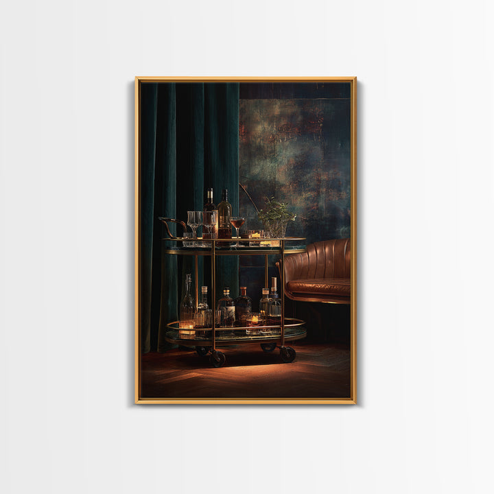 Luxury Emerald Bar Cart Arrangement Framed Canvas Print, Bar Art, Minimalist Decor, Bar Decor, Fine Art, Digital Print, BAR-2x3-6