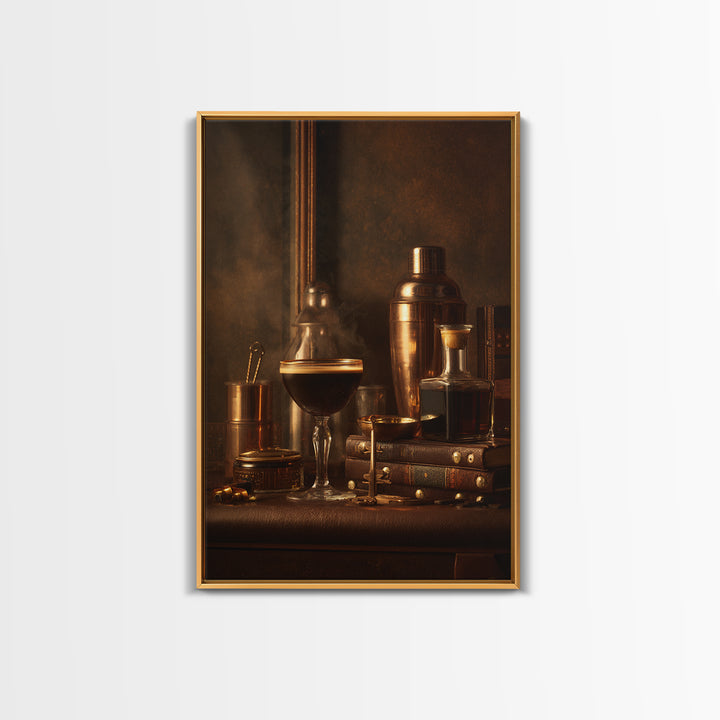 Speakeasy Key and Cocktail Shaker Composition Canvas Print, Bar Art, Canvas Wall Art, Bar Decor, Oil Painting, BAR-2x3-72