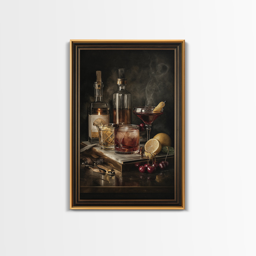 Cocktail Recipe Diagram Styled as Elegant Art Framed Canvas Print, Bar Art, Living Room Art, Bar Decor, Fine Art, BAR-2x3-76