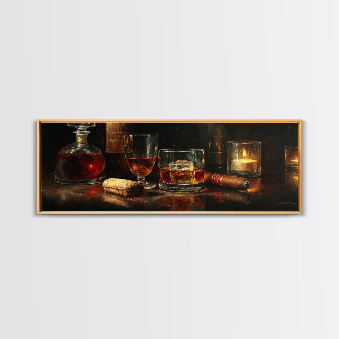 Dark Moody Cigar and Whiskey Still Life Framed Canvas Print, Bar Art, Bar Signs, Bar Decor, Fine Art, Modern Decor, BAR-3x1-1