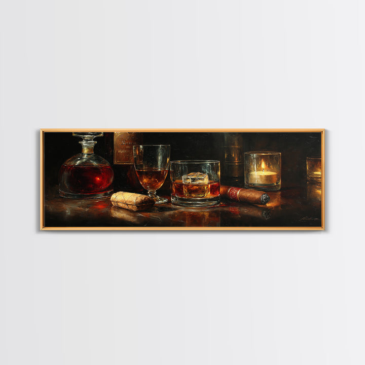 Dark Moody Cigar and Whiskey Still Life Framed Canvas Print, Bar Art, Bar Signs, Bar Decor, Fine Art, Modern Decor, BAR-3x1-1