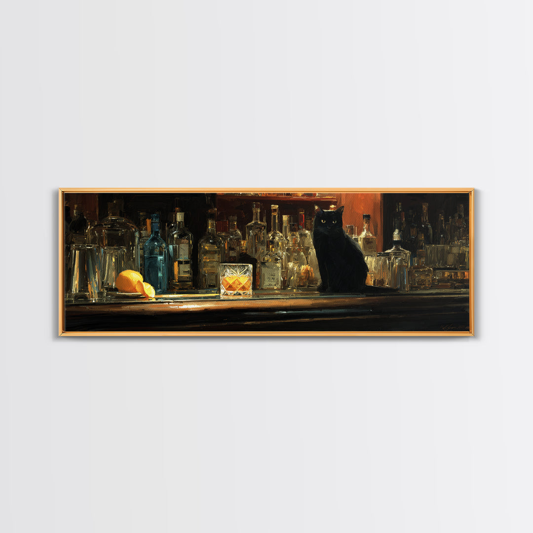 Black Cat Beside a Glowing Bar Neon Canvas Print, Bar Art, Art Print, Bar Decor, Fine Art, Kitchen Wall Decor, BAR-3x1-30