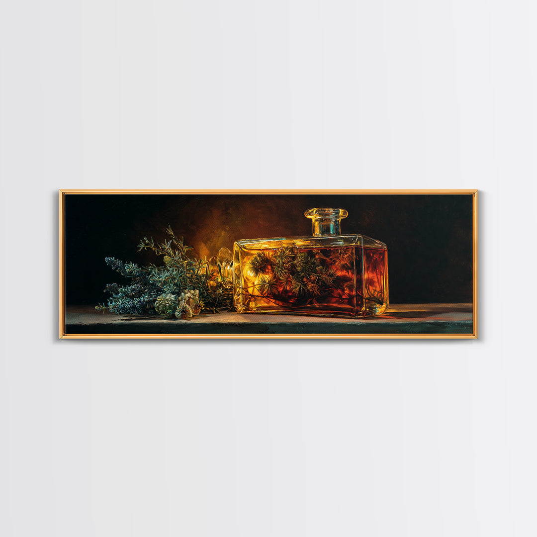 Gin Bottle with Botanicals and Juniper Branches Framed Canvas Print, Bar Art, Canvas Wall Art, Bar Decor, Fine Art, BAR-3x1-47