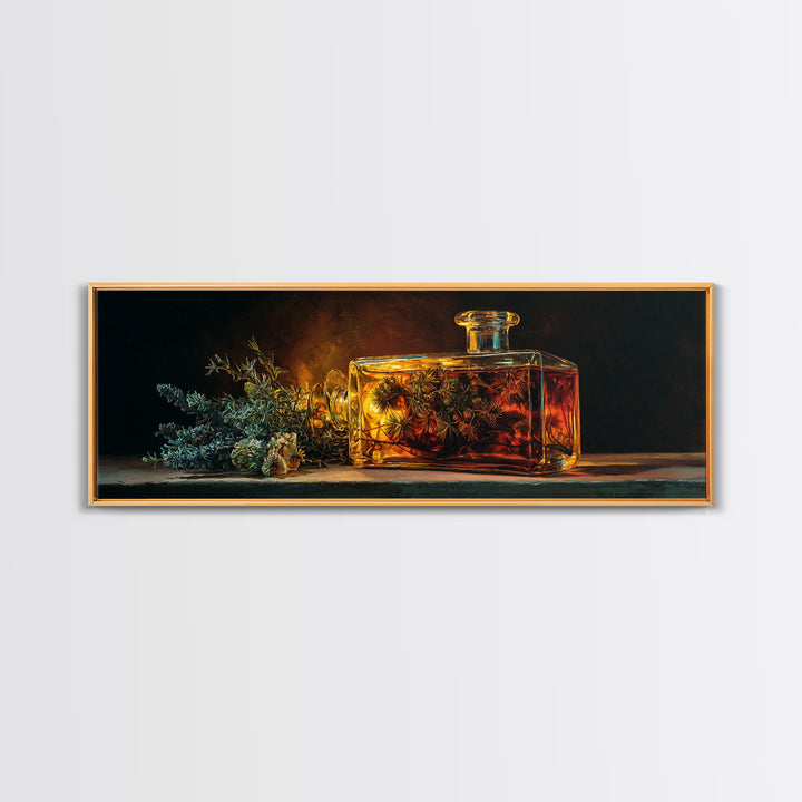 Gin Bottle with Botanicals and Juniper Branches Framed Canvas Print, Bar Art, Canvas Wall Art, Bar Decor, Fine Art, BAR-3x1-47