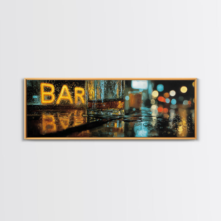 Neon Cocktail Sign Reflected Framed Canvas Print, Bar Art, Gallery Decor, Bar Decor, Fine Art, Wall Art, Home Decor, BAR-3x1-69