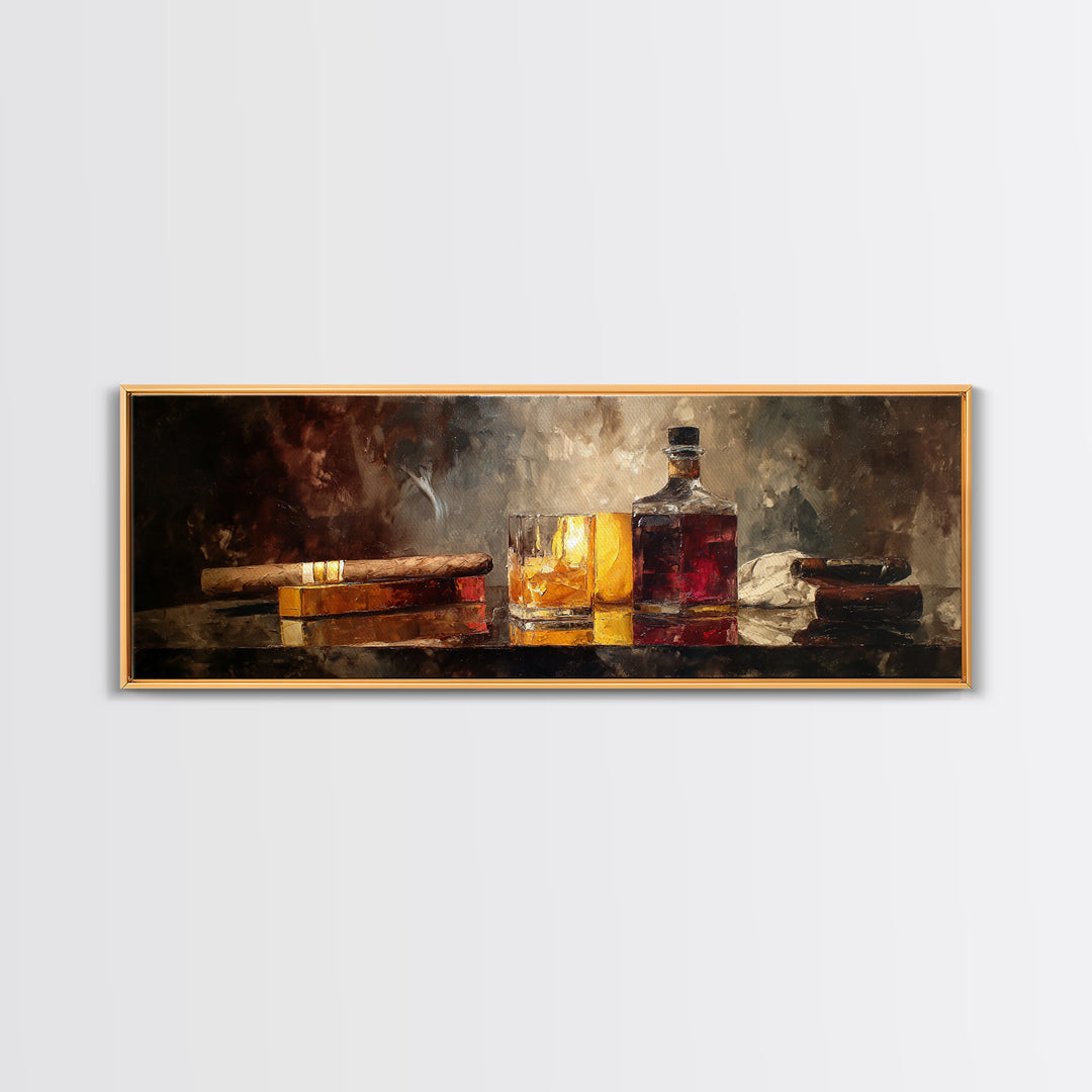 Dark Moody Cigar and Whiskey Still Life Framed Canvas Print, Bar Art, Neutral Decor, Bar Decor, Fine Art, Home Decor, BAR-3x1-73
