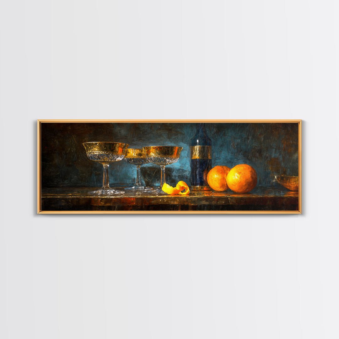 Champagne Coupe Tower Framed Canvas Print, Bar Art, Kitchen Print, Bar Decor, Oil Painting, Fine Art Print, Statement Artwork, BAR-3x1-74