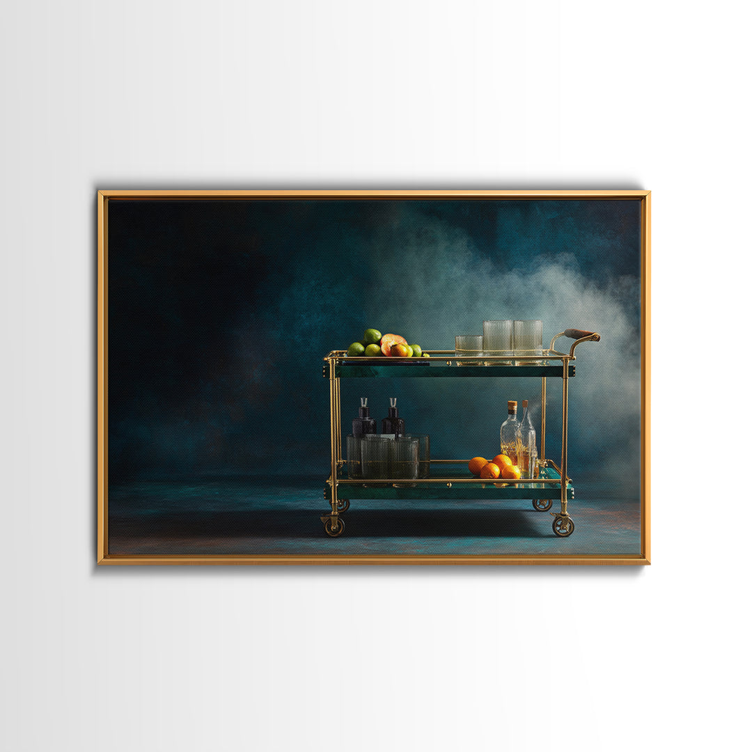 Luxury Emerald Bar Cart Arrangement Framed Canvas Print, Bar Art, Kitchen Wall Art, Bar Decor, Fine Art, Coffee Wall Art, BAR-3x2-2