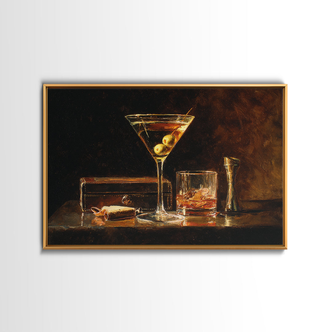 Martini Glass with Olive on a Black Framed Canvas Print, Bar Art, Apartment Decor, Bar Decor, Abstract Art, Living Room Art, BAR-3x2-7