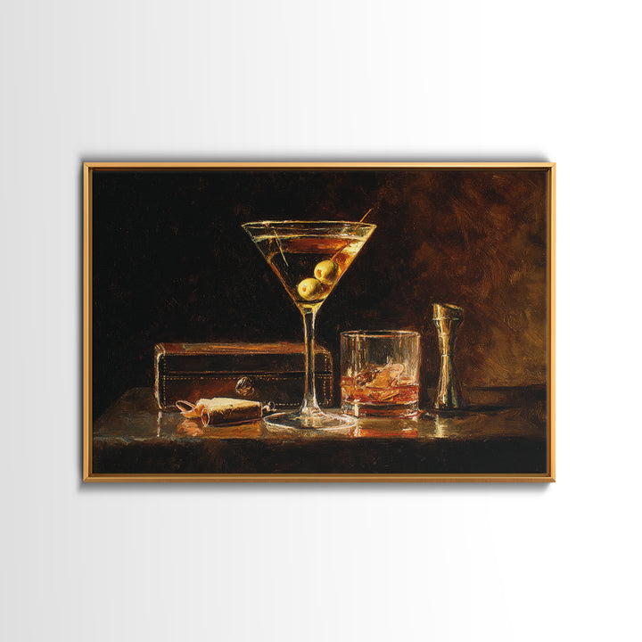 Martini Glass with Olive on a Black Framed Canvas Print, Bar Art, Apartment Decor, Bar Decor, Abstract Art, Living Room Art, BAR-3x2-7