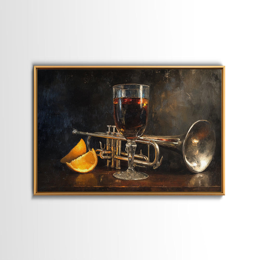 Moody Jazz Trumpet Beside a Half Full Framed Canvas Print, Bar Art, Bar Signs, Bar Decor, Fine Art, Modern Decor, BAR-3x2-70