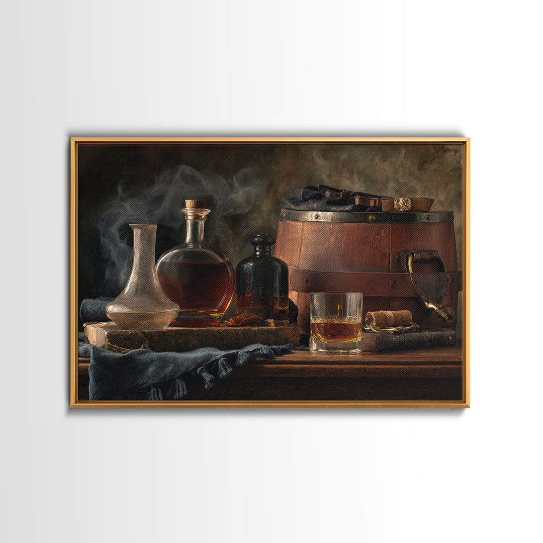 Bourbon Barrel Still Life Framed Canvas Print, Bar Art, Bar Cart Decor, Bar Decor, Oil Painting, Minimalist Decor, BAR-3x2-82